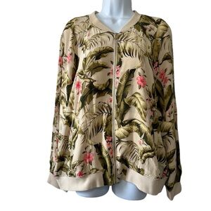 Tommy Bahama Women’s 100% Silk Vanilla & Green Floral Leaf Bomber Jacket-Size XL